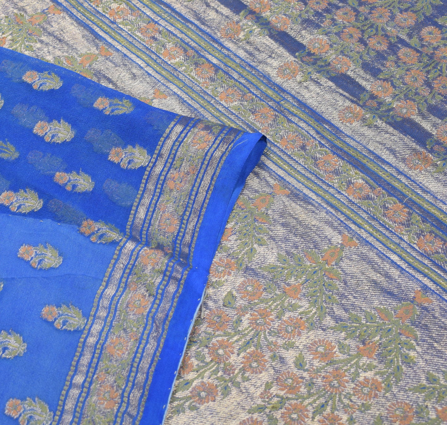 Sushila Vintage Pure Banarasi Georgette Saree Floral Woven Blue Soft Sari Fabric