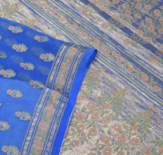 Sushila Vintage Pure Banarasi Georgette Saree Floral Woven Blue Soft Sari Fabric