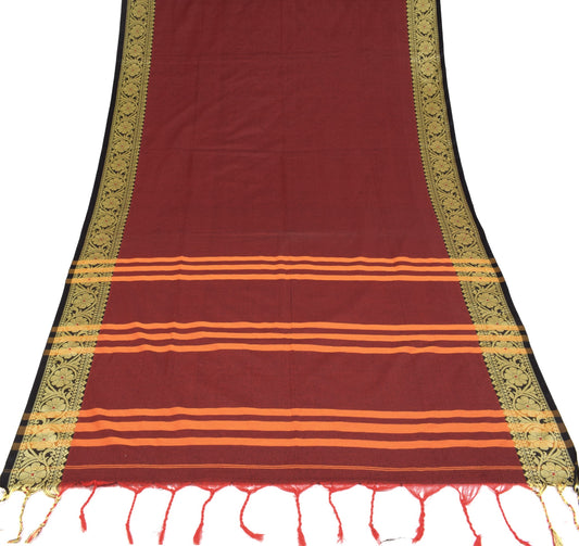 Sushila Vintage Bengal Art Cotton Saree threadwork Floral border 6YD MaroonSari