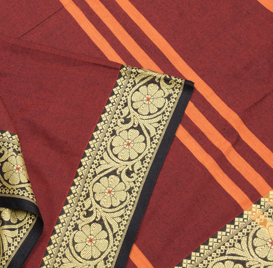 Sushila Vintage Bengal Art Cotton Saree threadwork Floral border 6YD MaroonSari