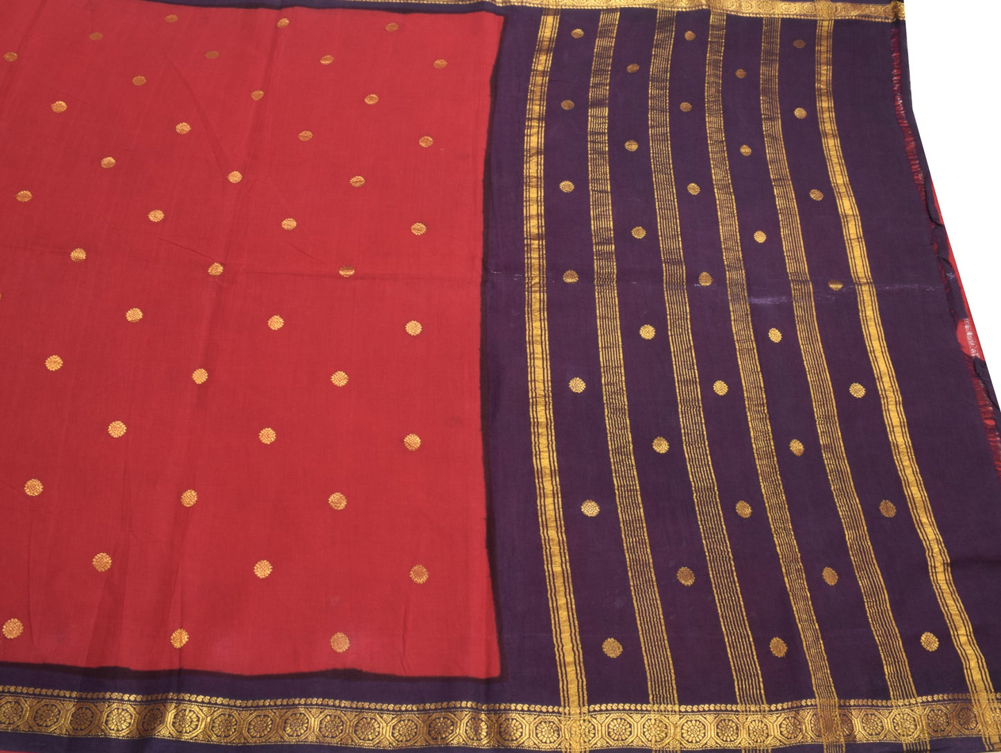 Sushila Vintage Red Pure Cotton Saree Purple Border Pallu Zari Woven Sari Fabric