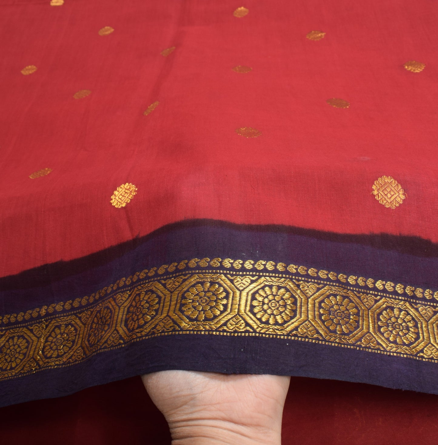 Sushila Vintage Red Pure Cotton Saree Purple Border Pallu Zari Woven Sari Fabric