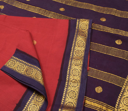 Sushila Vintage Red Pure Cotton Saree Purple Border Pallu Zari Woven Sari Fabric