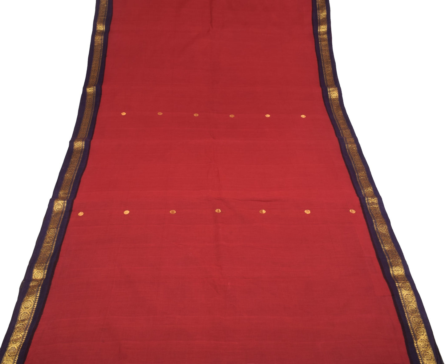 Sushila Vintage Red Pure Cotton Saree Purple Border Pallu Zari Woven Sari Fabric