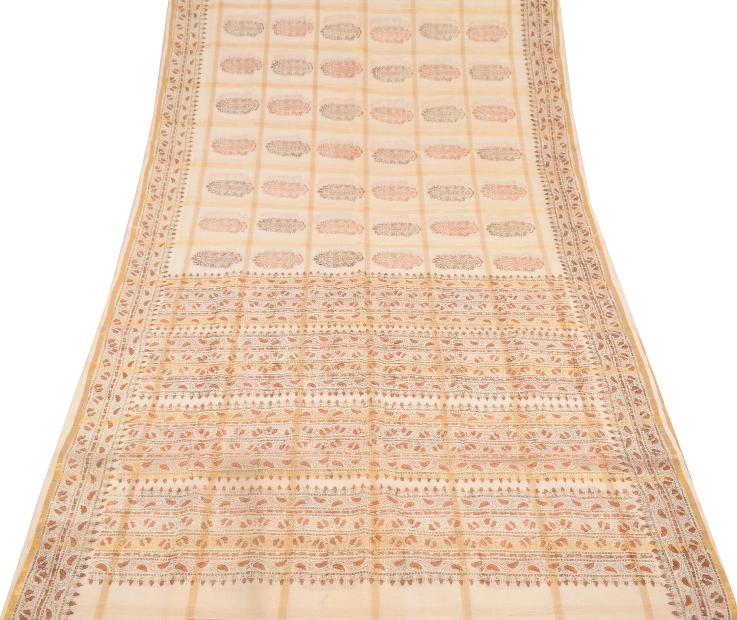 Sushila Vintage Cream Pure Cotton Saree HandBlock Print & Zari Woven Sari Fabric