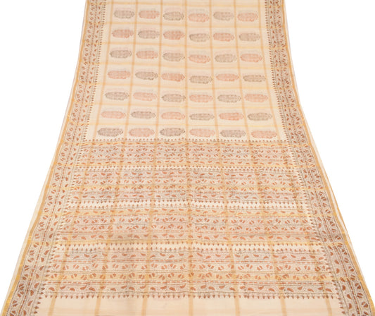 Sushila Vintage Cream Pure Cotton Saree HandBlock Print & Zari Woven Sari Fabric