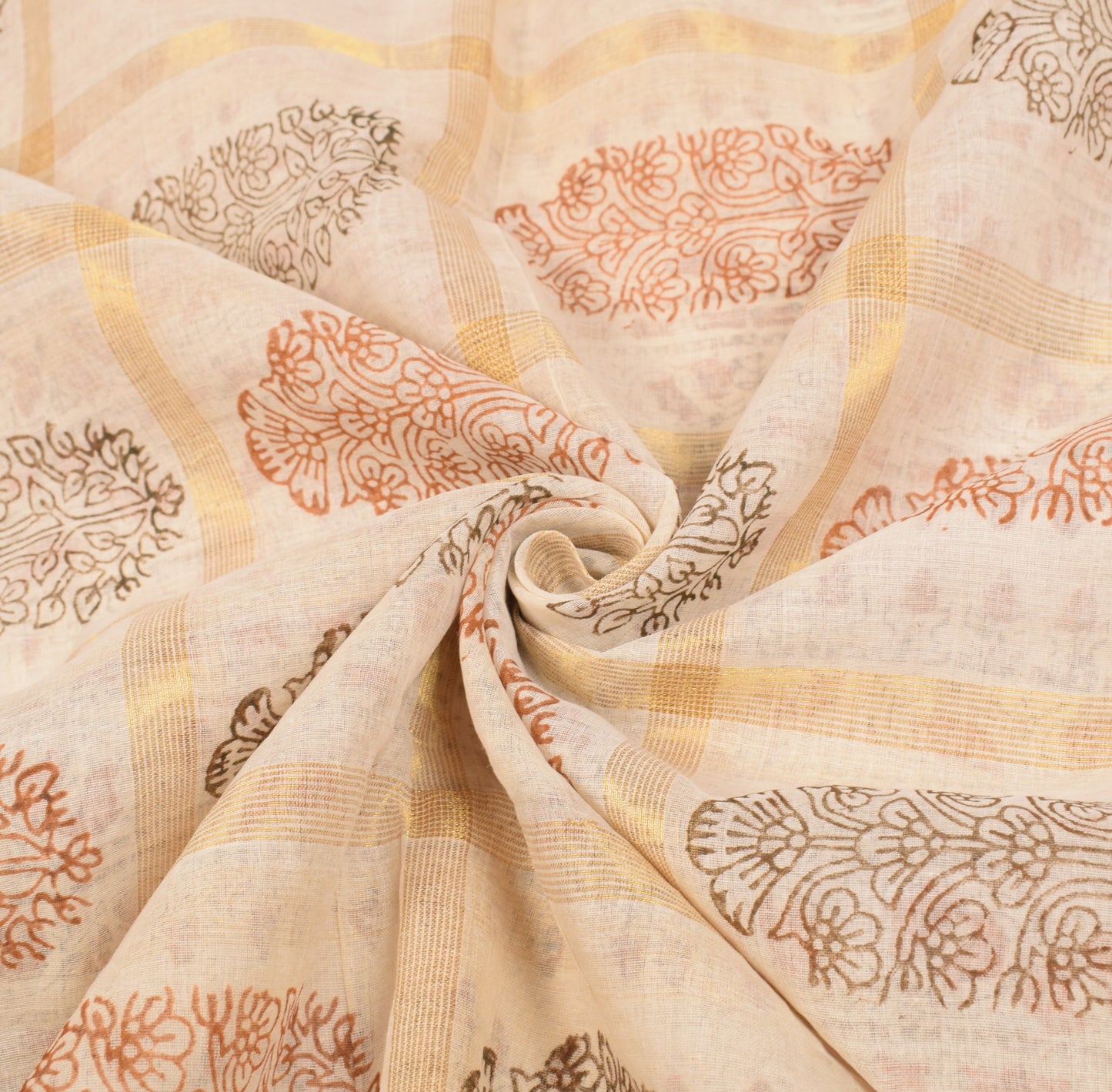 Sushila Vintage Cream Pure Cotton Saree HandBlock Print & Zari Woven Sari Fabric