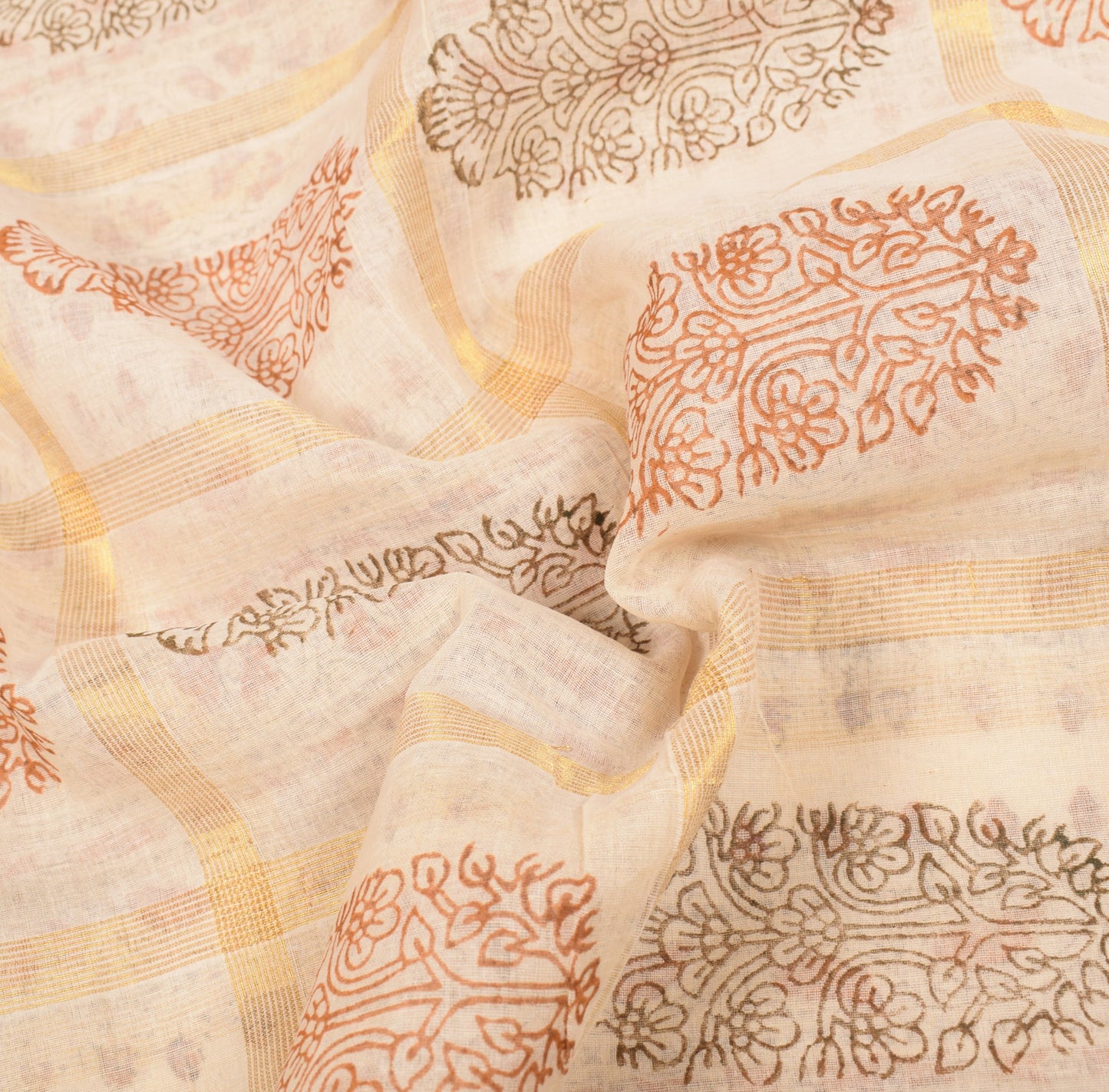 Sushila Vintage Cream Pure Cotton Saree HandBlock Print & Zari Woven Sari Fabric