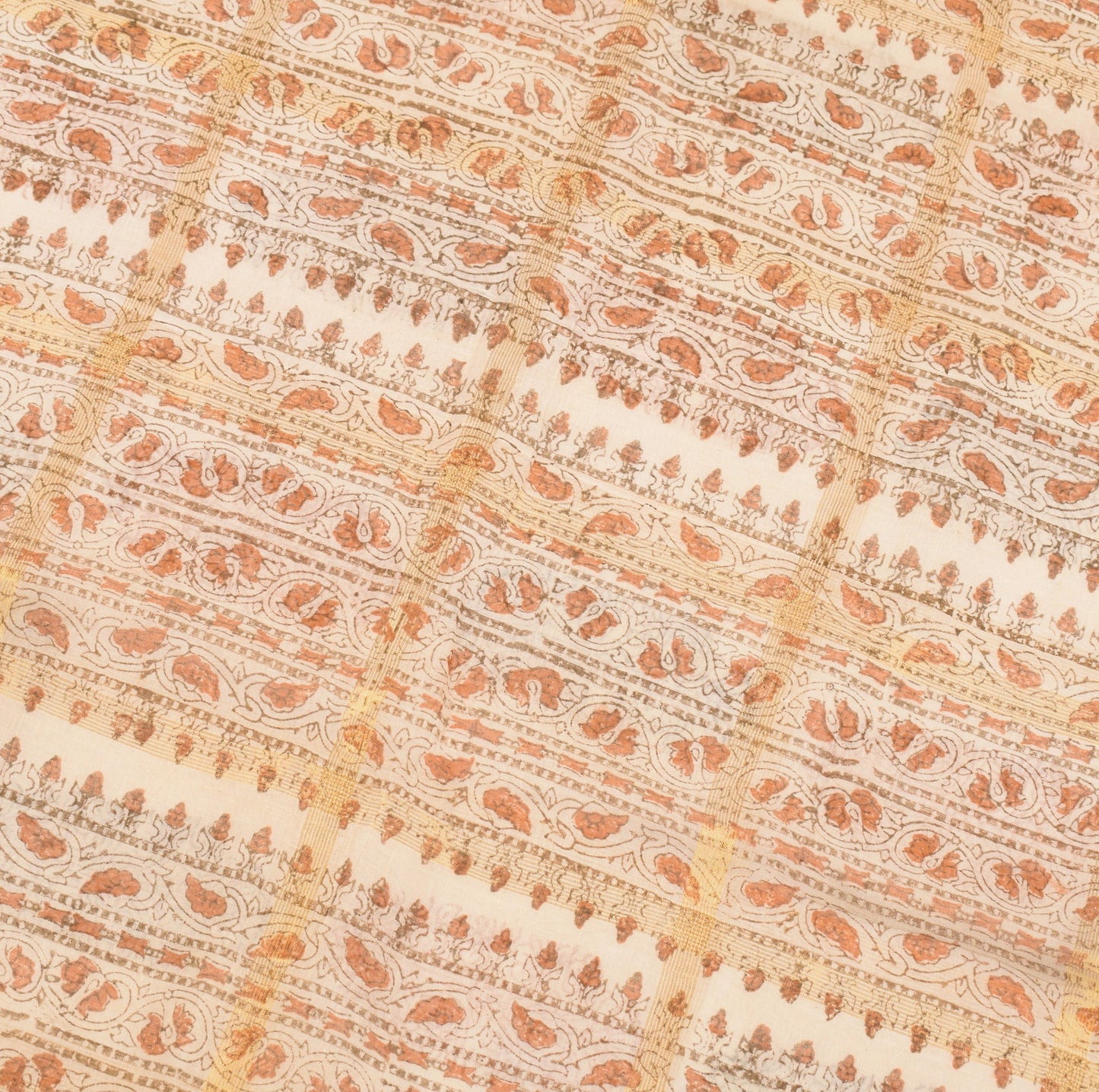 Sushila Vintage Cream Pure Cotton Saree HandBlock Print & Zari Woven Sari Fabric