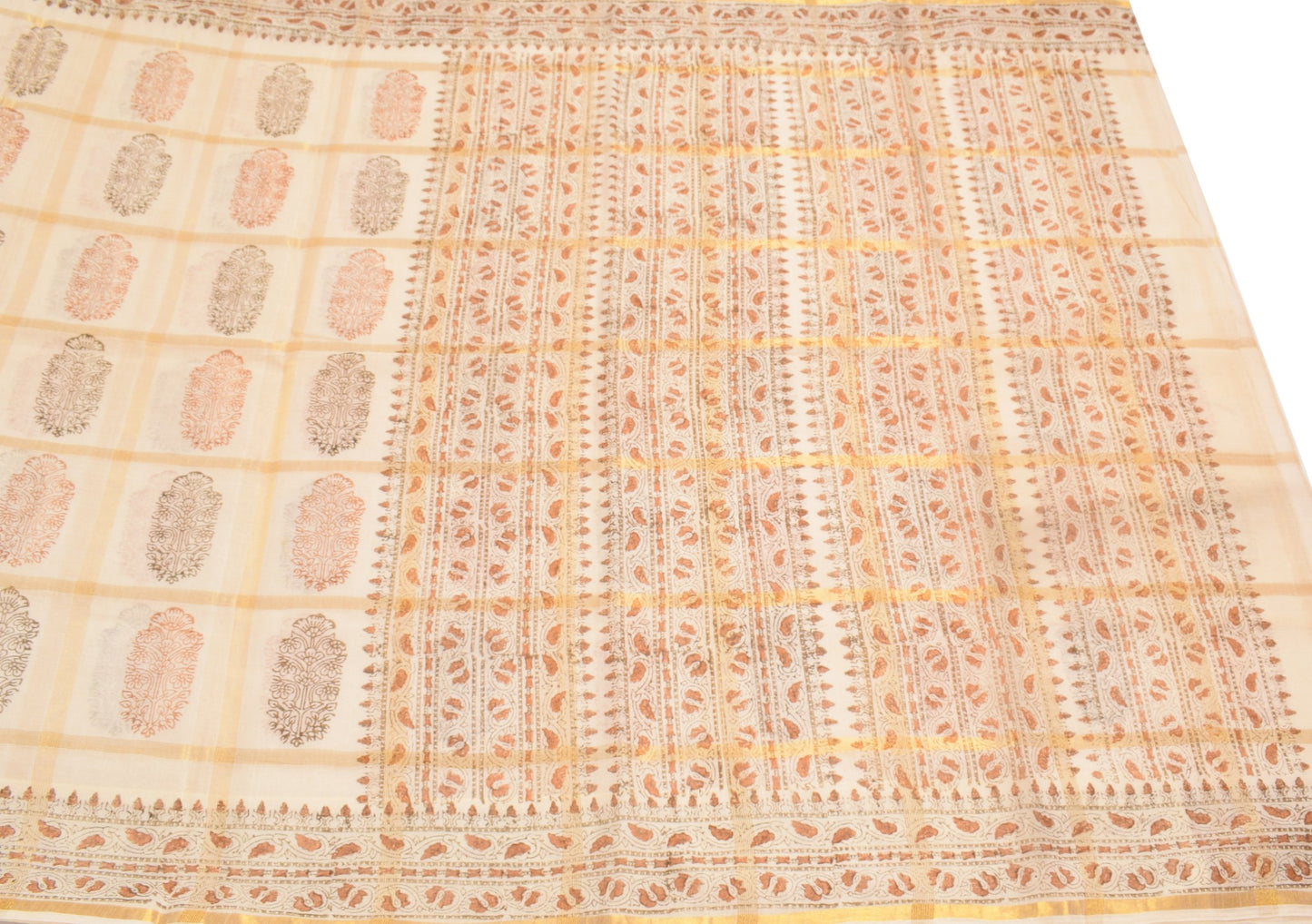 Sushila Vintage Cream Pure Cotton Saree HandBlock Print & Zari Woven Sari Fabric