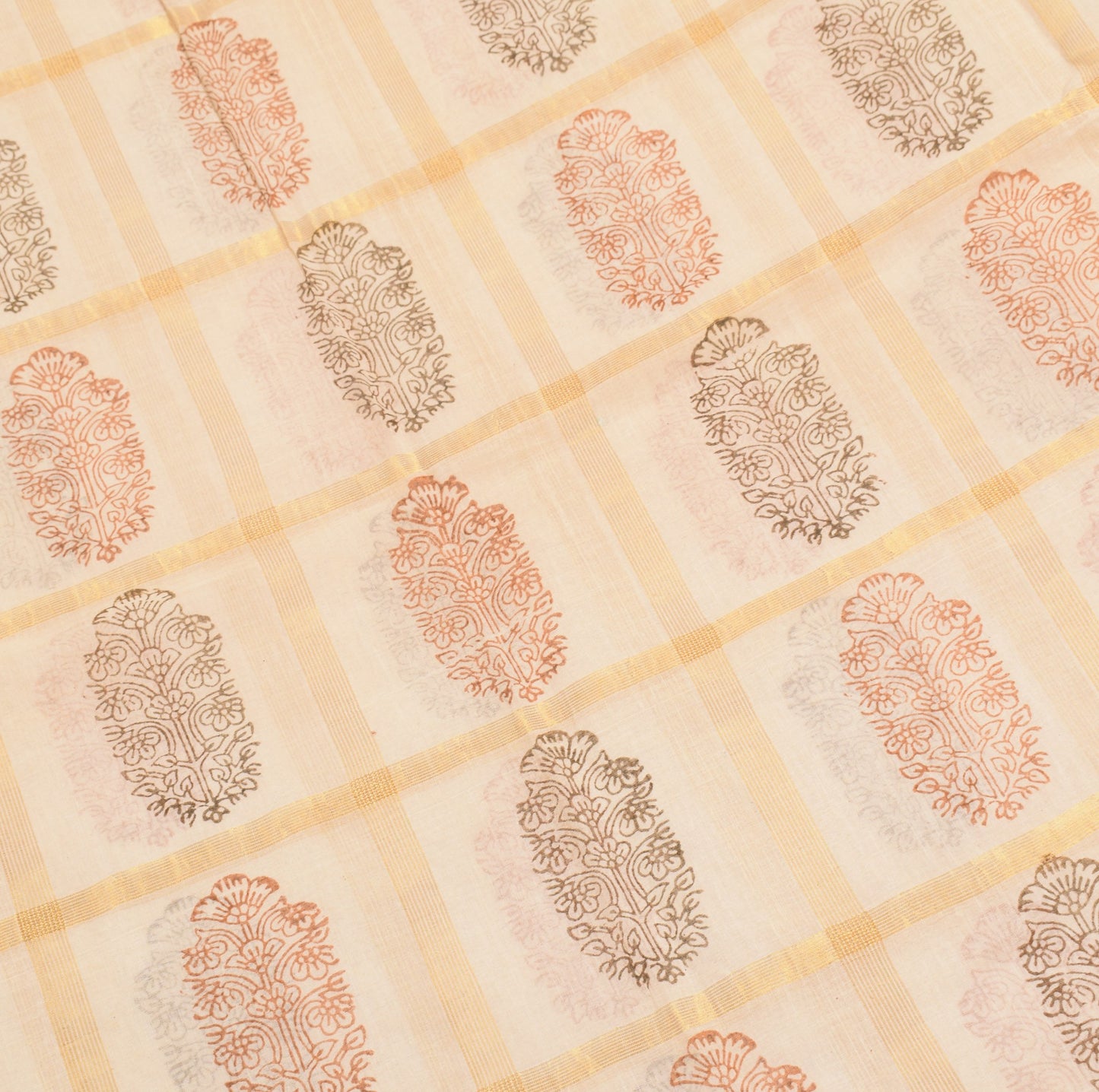 Sushila Vintage Cream Pure Cotton Saree HandBlock Print & Zari Woven Sari Fabric