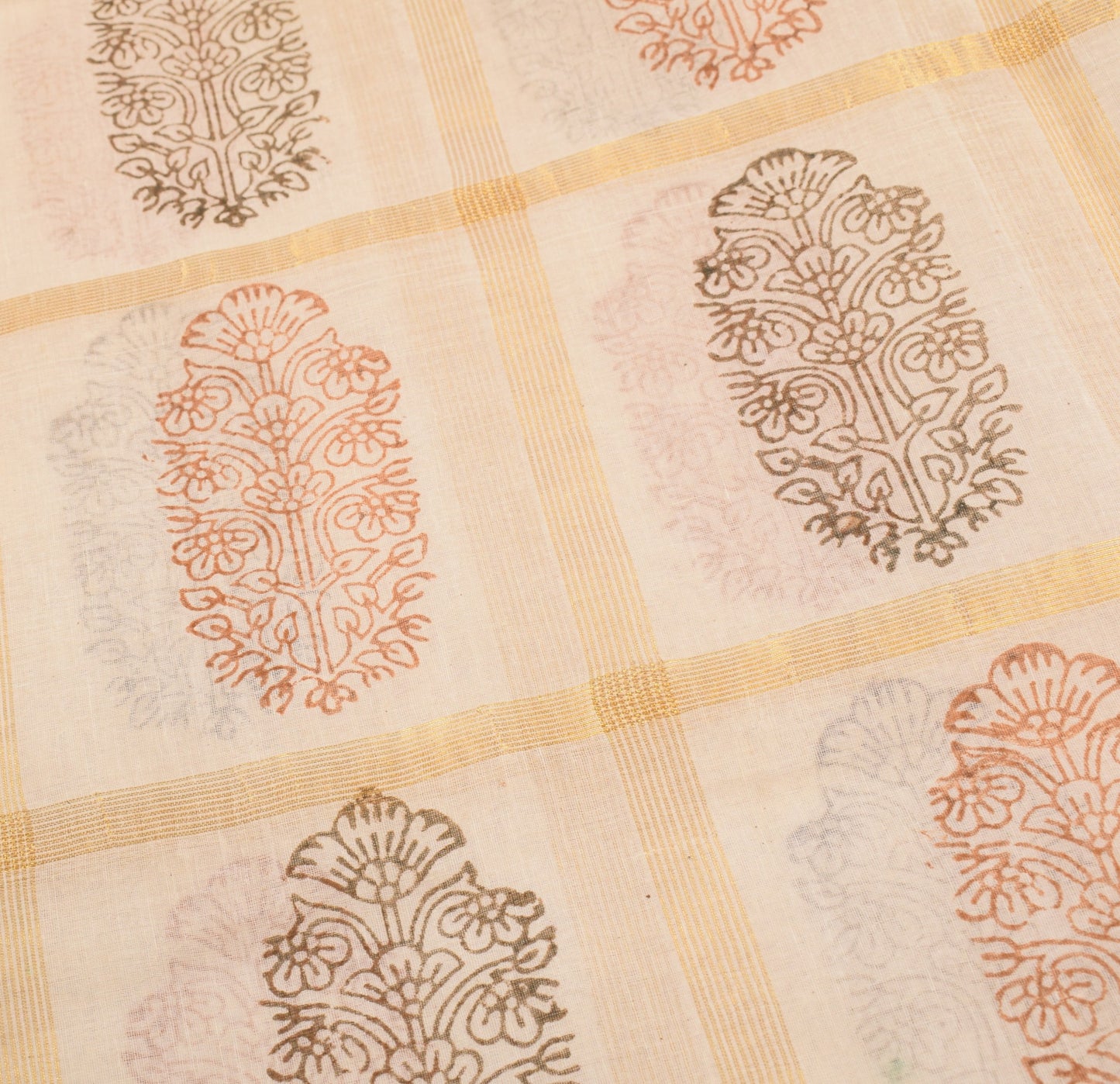 Sushila Vintage Cream Pure Cotton Saree HandBlock Print & Zari Woven Sari Fabric
