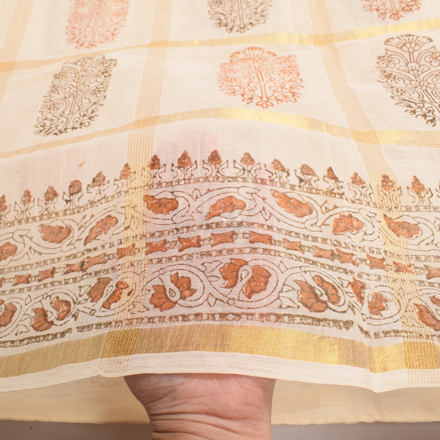 Sushila Vintage Cream Pure Cotton Saree HandBlock Print & Zari Woven Sari Fabric