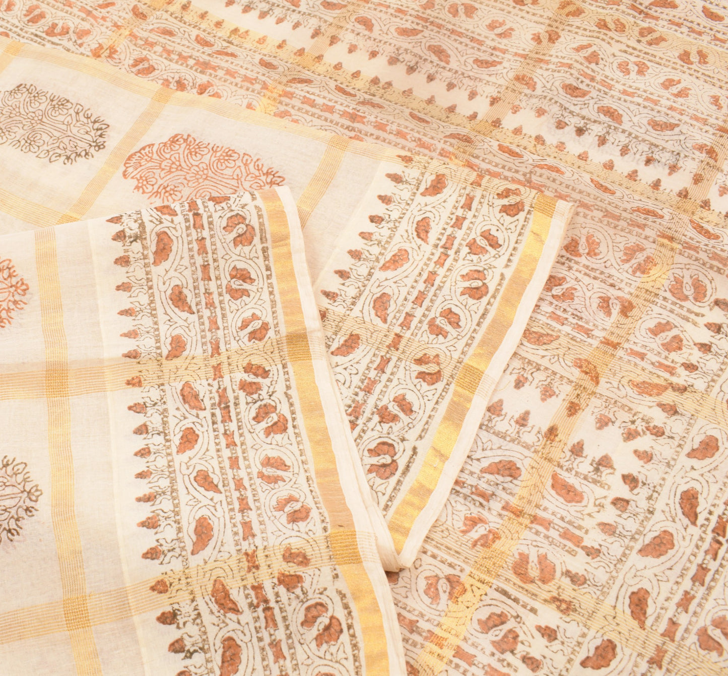Sushila Vintage Cream Pure Cotton Saree HandBlock Print & Zari Woven Sari Fabric