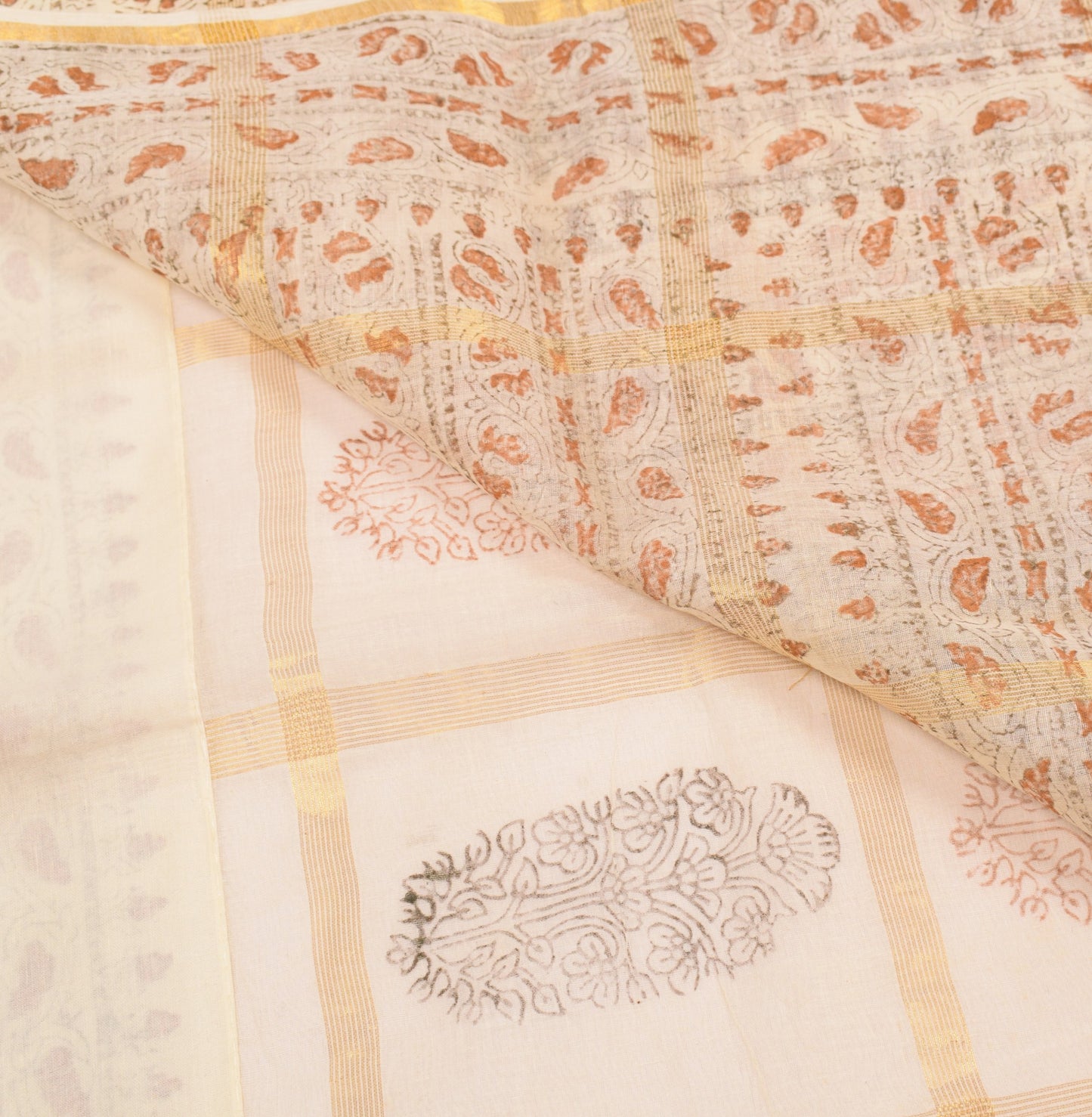 Sushila Vintage Cream Pure Cotton Saree HandBlock Print & Zari Woven Sari Fabric