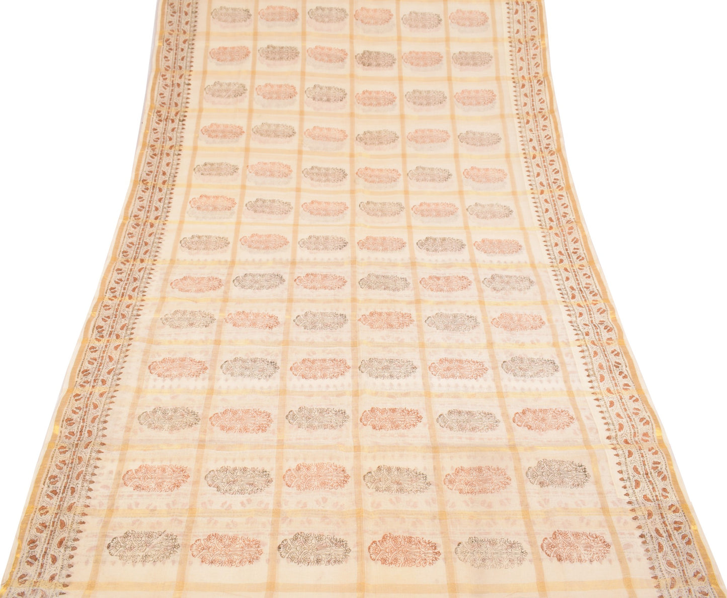 Sushila Vintage Cream Pure Cotton Saree HandBlock Print & Zari Woven Sari Fabric