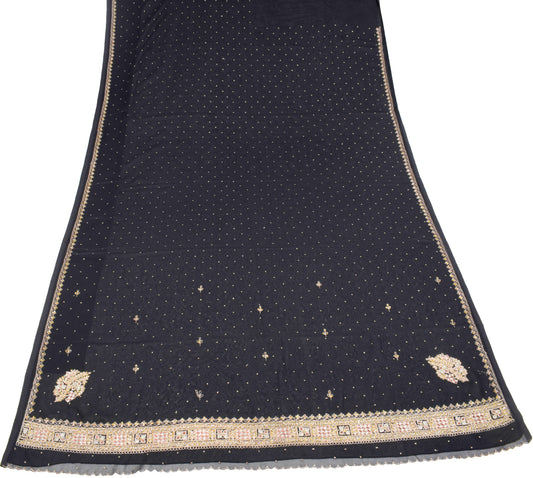 Sushila Vintage Hand Beaded Zardozi Saree Black Art Georgette Sari Craft Fabric