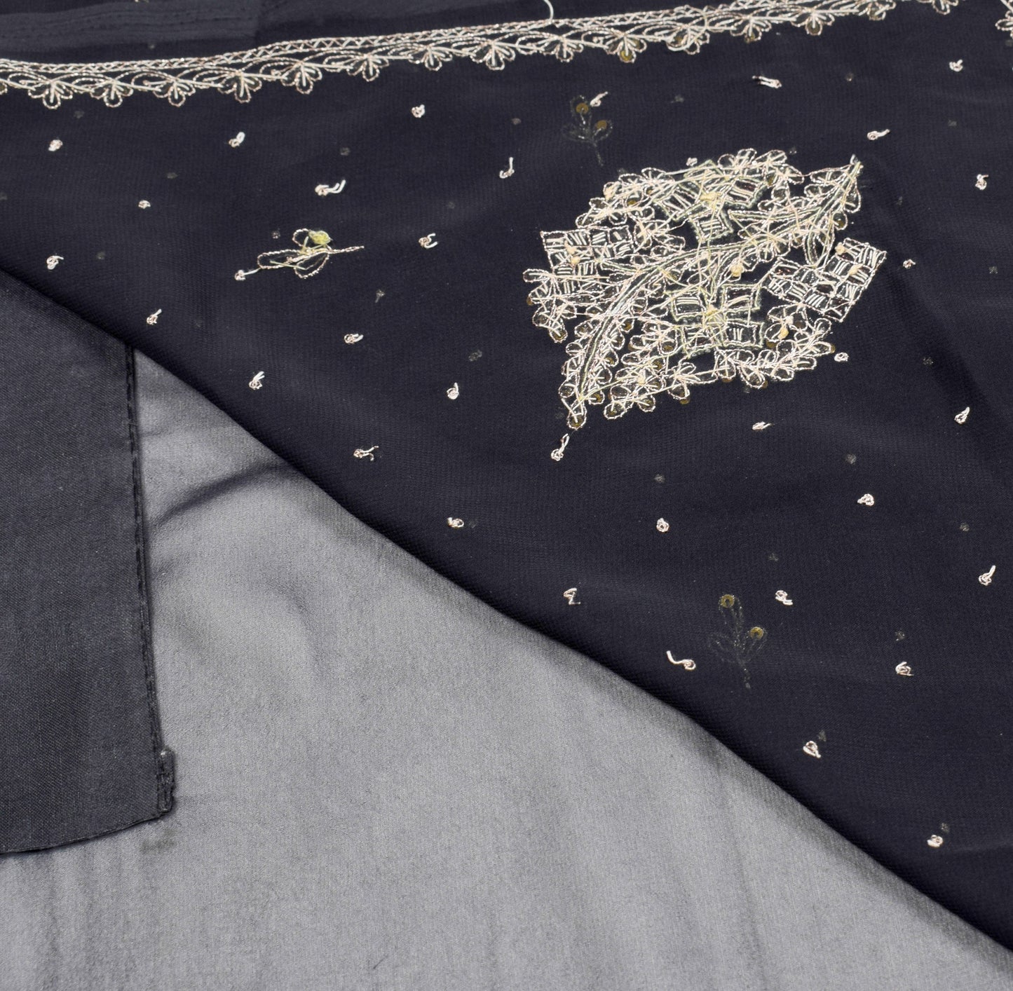 Sushila Vintage Hand Beaded Zardozi Saree Black Art Georgette Sari Craft Fabric