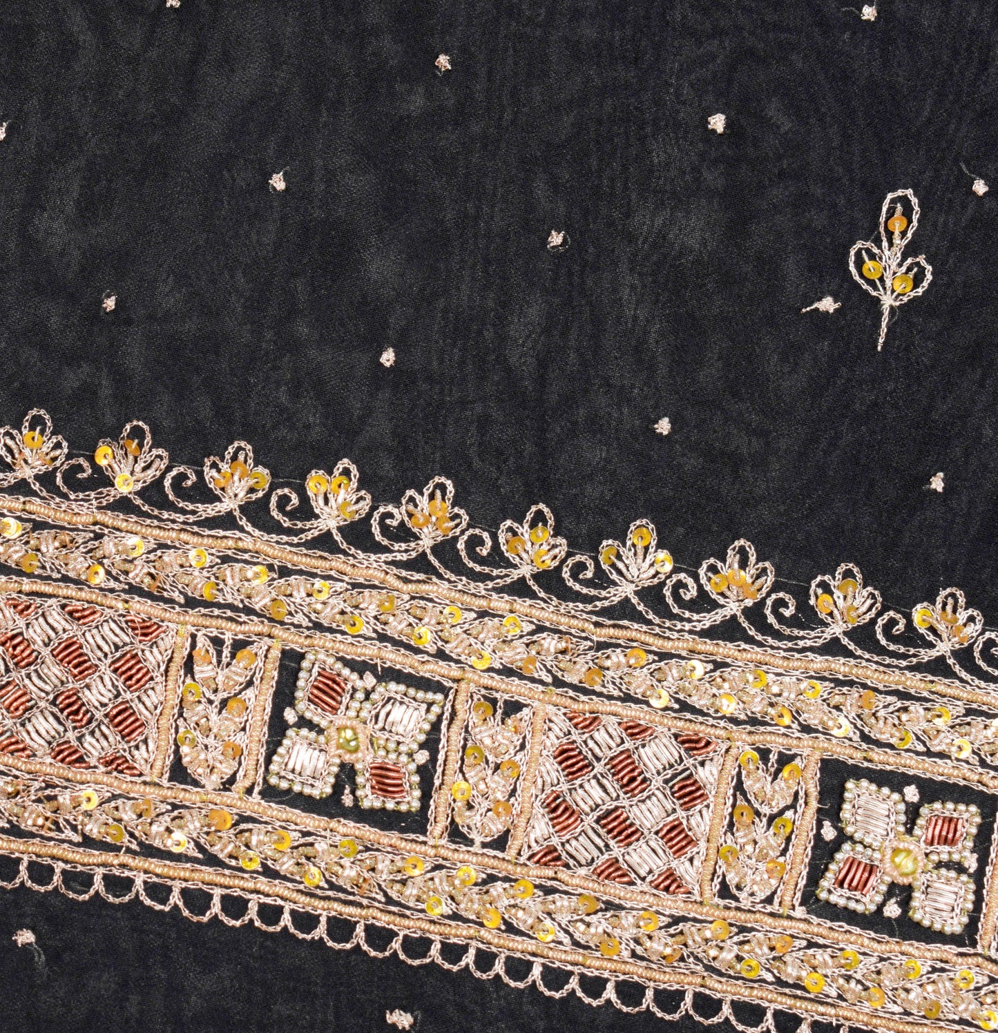 Sushila Vintage Hand Beaded Zardozi Saree Black Art Georgette Sari Craft Fabric