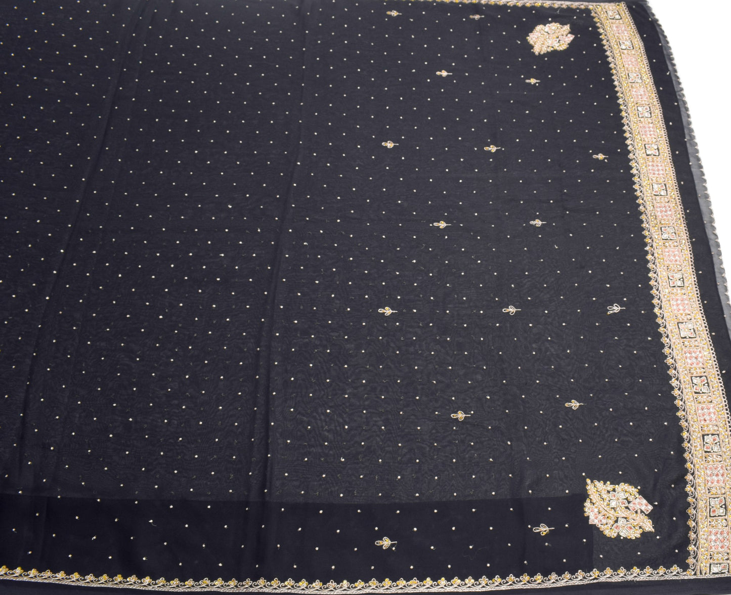 Sushila Vintage Hand Beaded Zardozi Saree Black Art Georgette Sari Craft Fabric