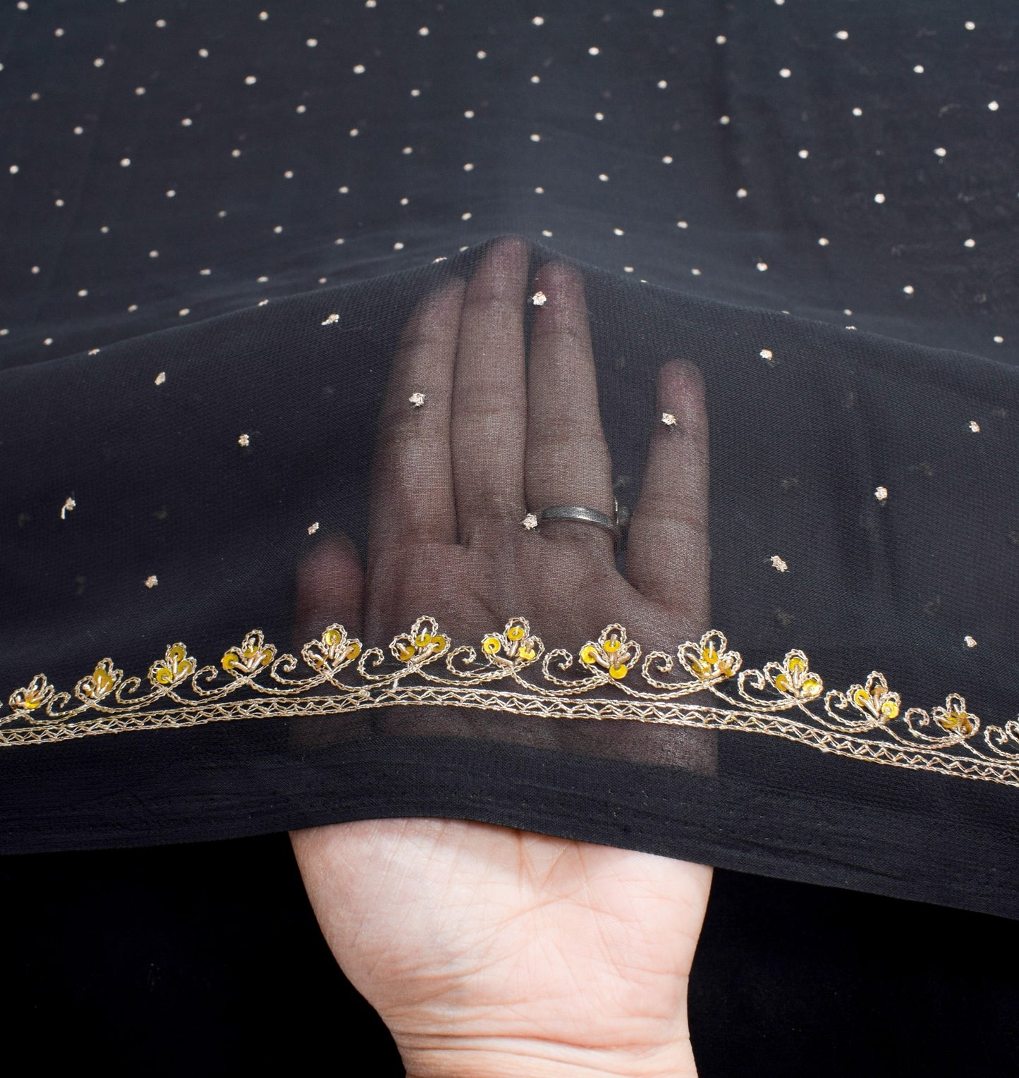 Sushila Vintage Hand Beaded Zardozi Saree Black Art Georgette Sari Craft Fabric