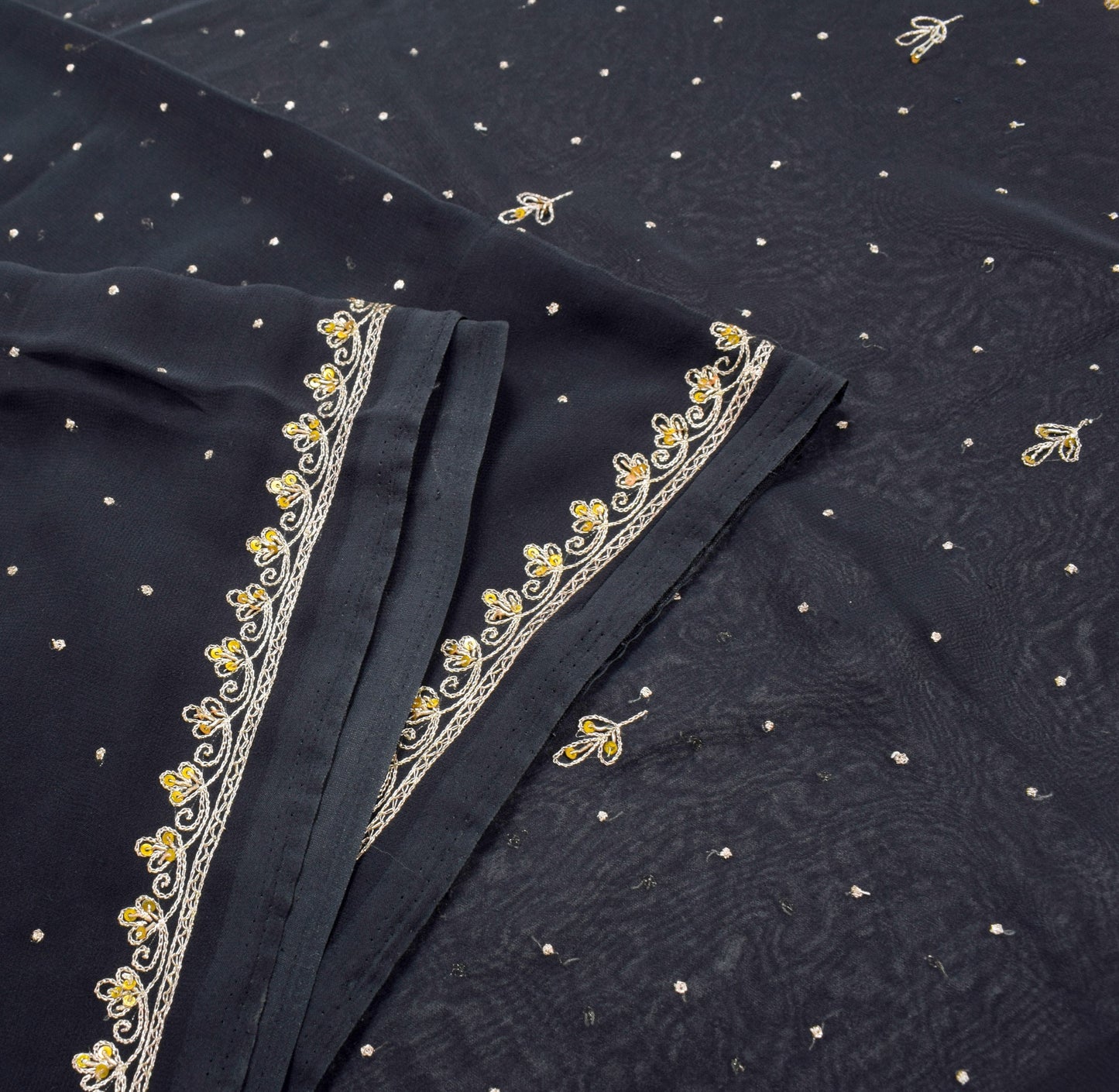 Sushila Vintage Hand Beaded Zardozi Saree Black Art Georgette Sari Craft Fabric