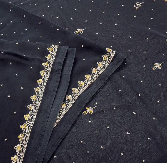 Sushila Vintage Hand Beaded Zardozi Saree Black Art Georgette Sari Craft Fabric