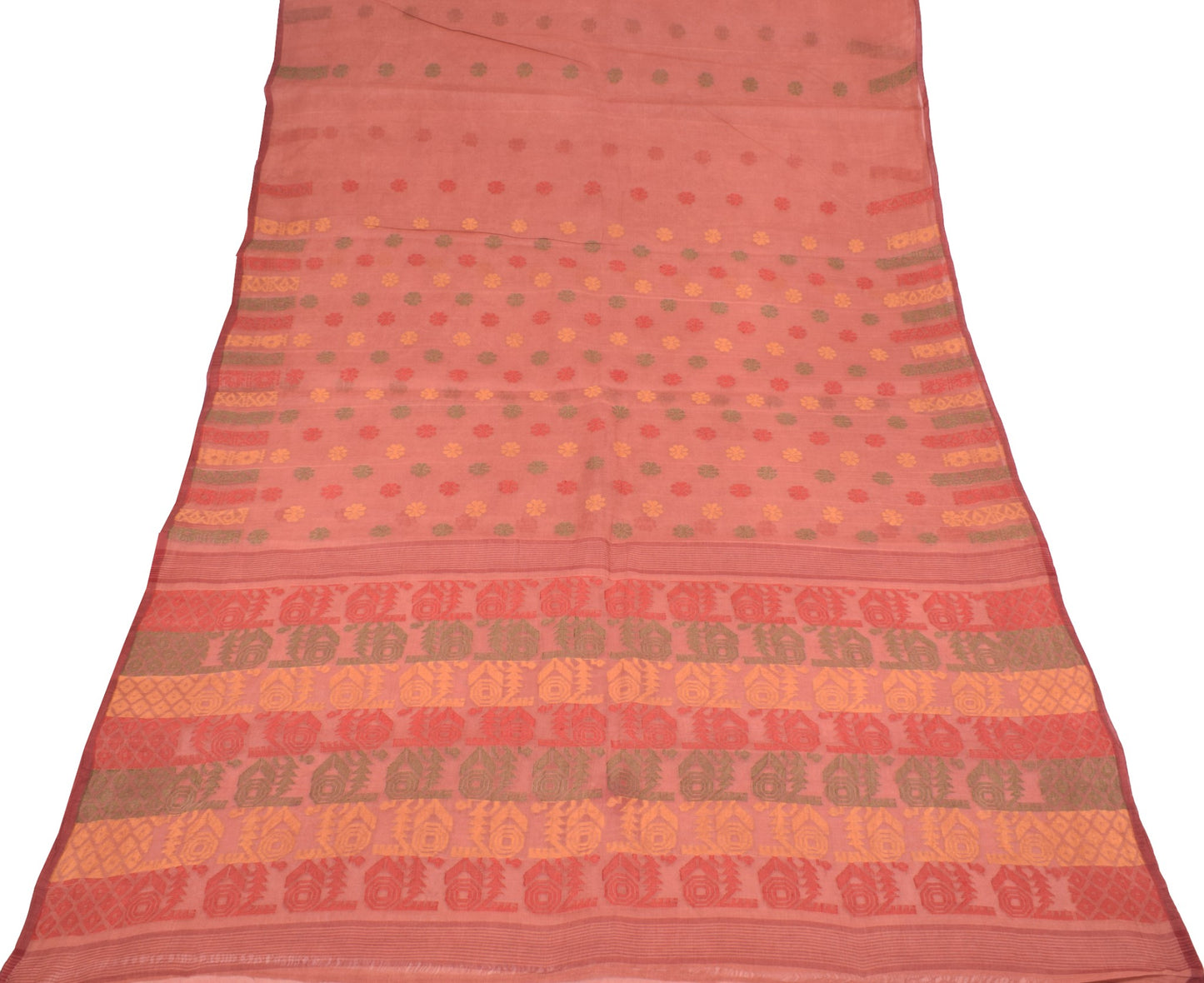 Sushila Vintage Bengal Tant Woven Saree Pure Cotton Peach Floral Sari Craft Fabric