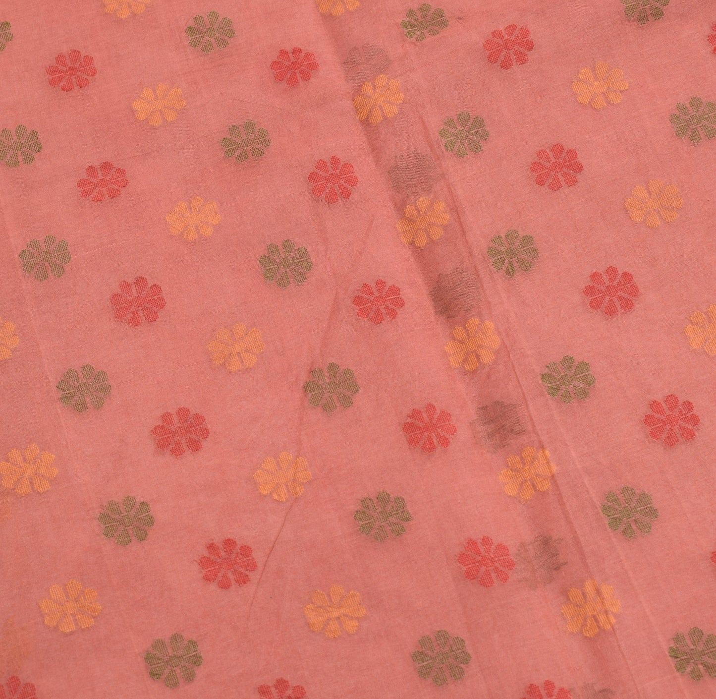 Sushila Vintage Bengal Tant Woven Saree Pure Cotton Peach Floral Sari Craft Fabric