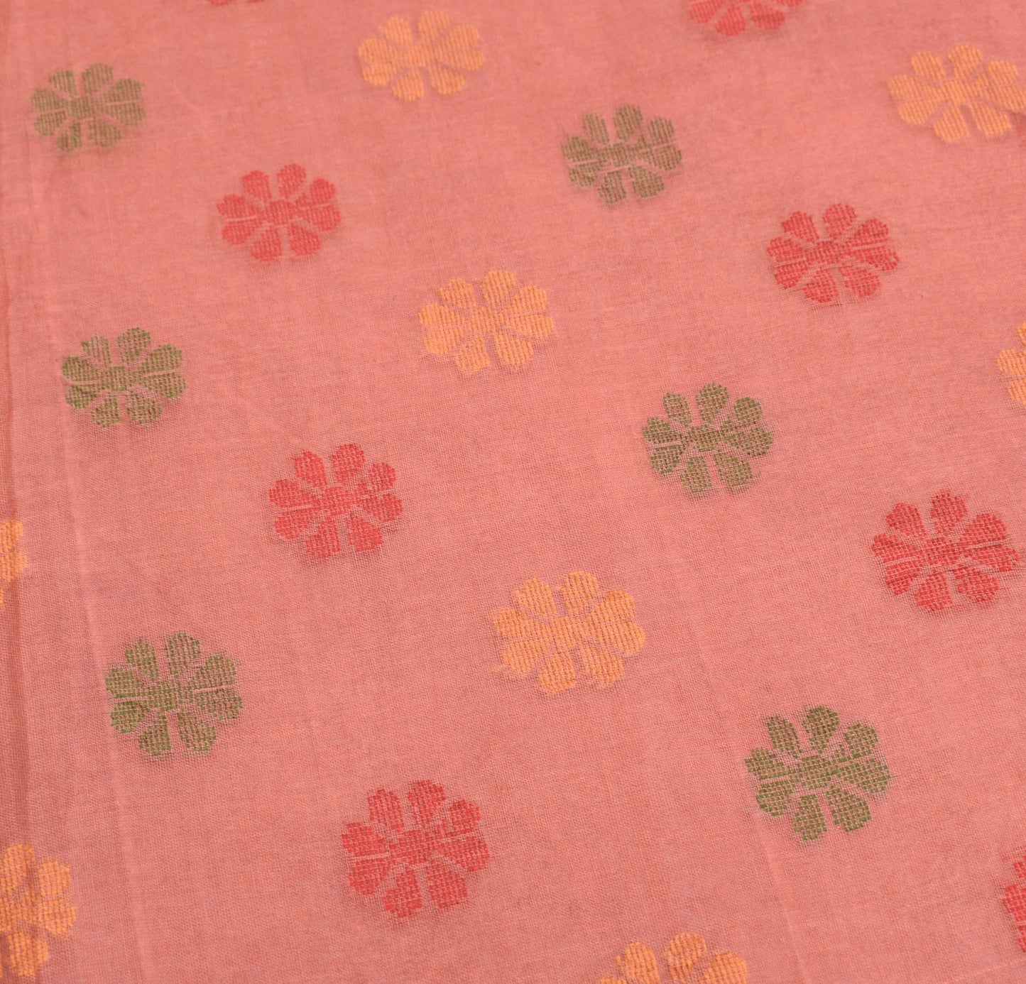 Sushila Vintage Bengal Tant Woven Saree Pure Cotton Peach Floral Sari Craft Fabric