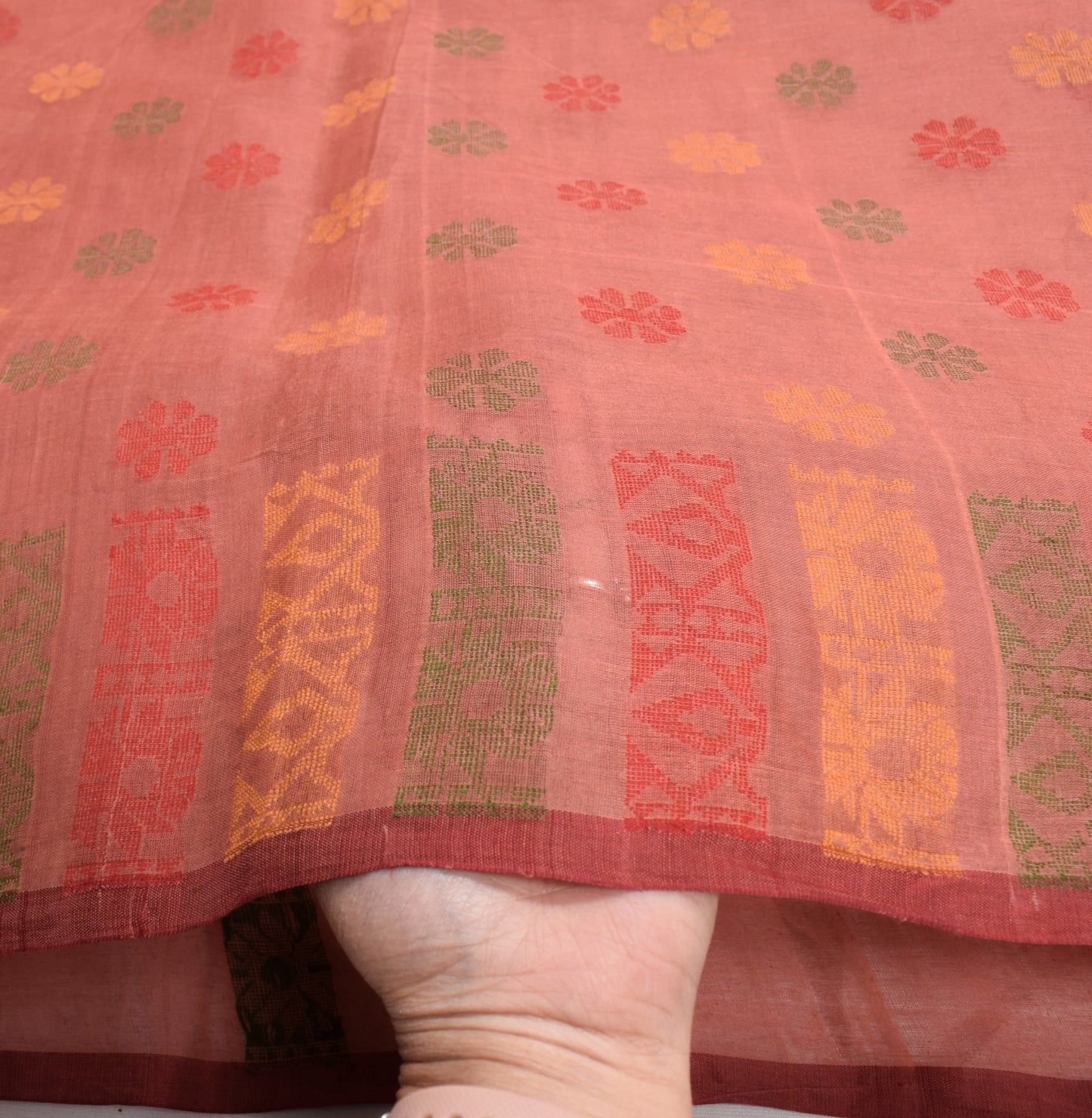 Sushila Vintage Bengal Tant Woven Saree Pure Cotton Peach Floral Sari Craft Fabric