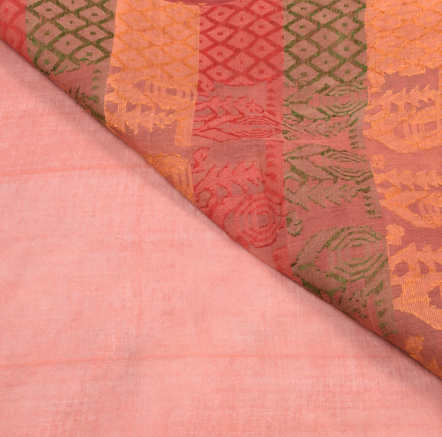 Sushila Vintage Bengal Tant Woven Saree Pure Cotton Peach Floral Sari Craft Fabric
