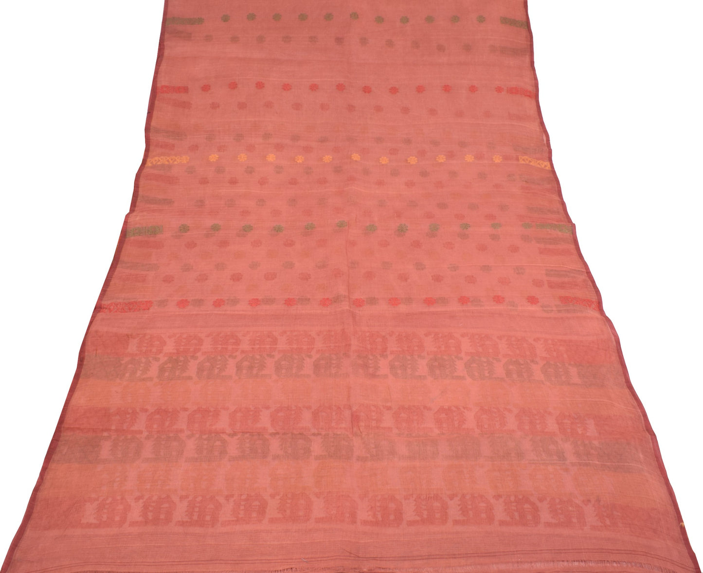 Sushila Vintage Bengal Tant Woven Saree Pure Cotton Peach Floral Sari Craft Fabric