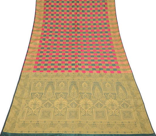 Sushila Vintage Green Magenta Checks Saree Pure Silk Woven Sari Banarsi Fabric