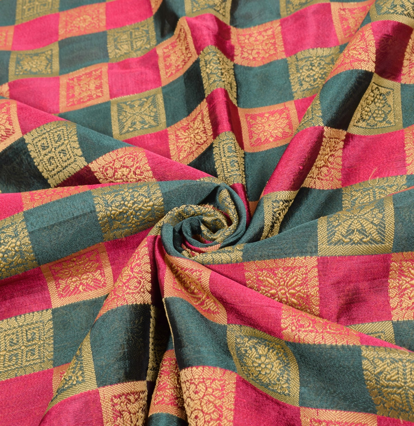 Sushila Vintage Green Magenta Checks Saree Pure Silk Woven Sari Banarsi Fabric