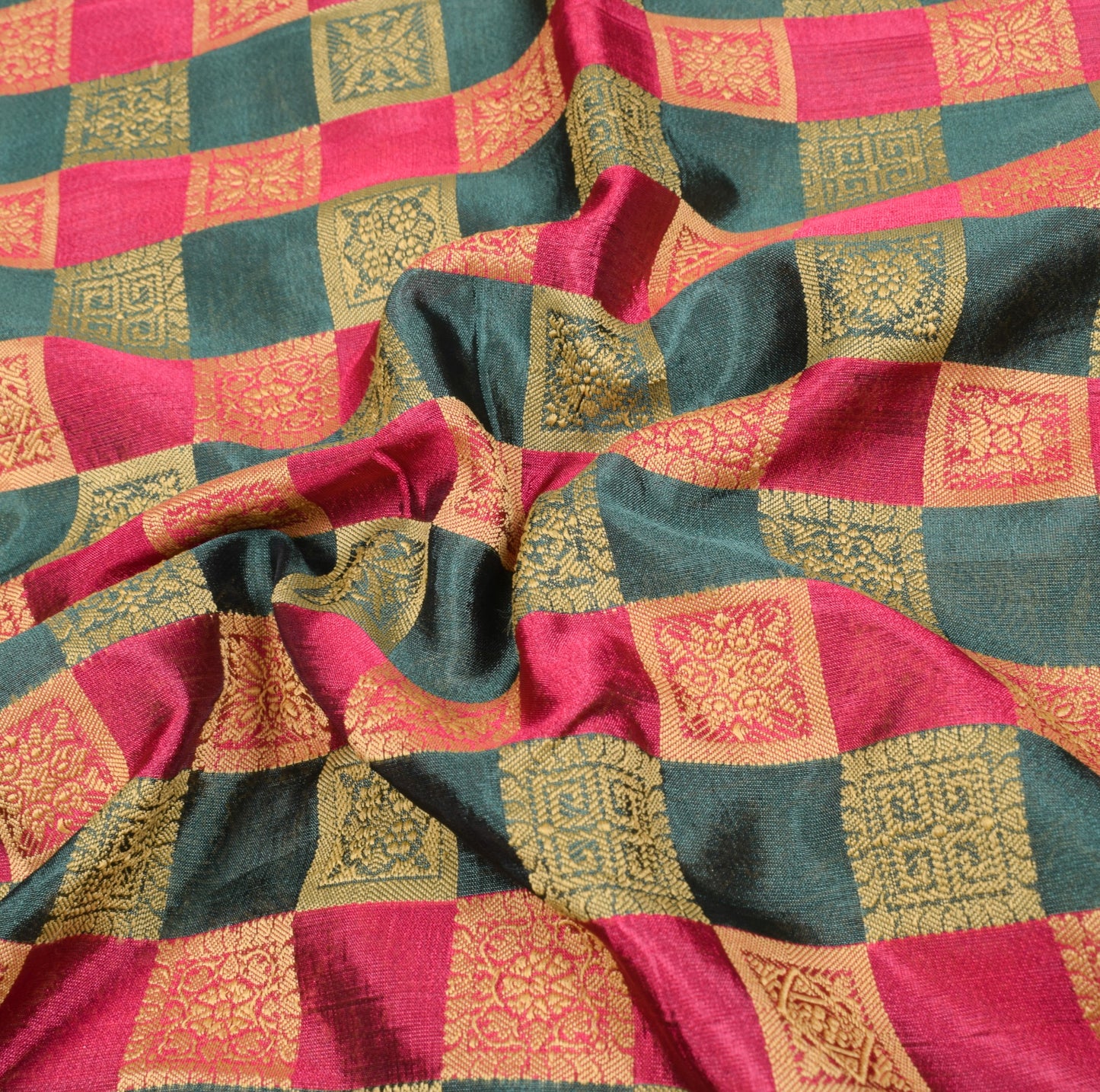 Sushila Vintage Green Magenta Checks Saree Pure Silk Woven Sari Banarsi Fabric