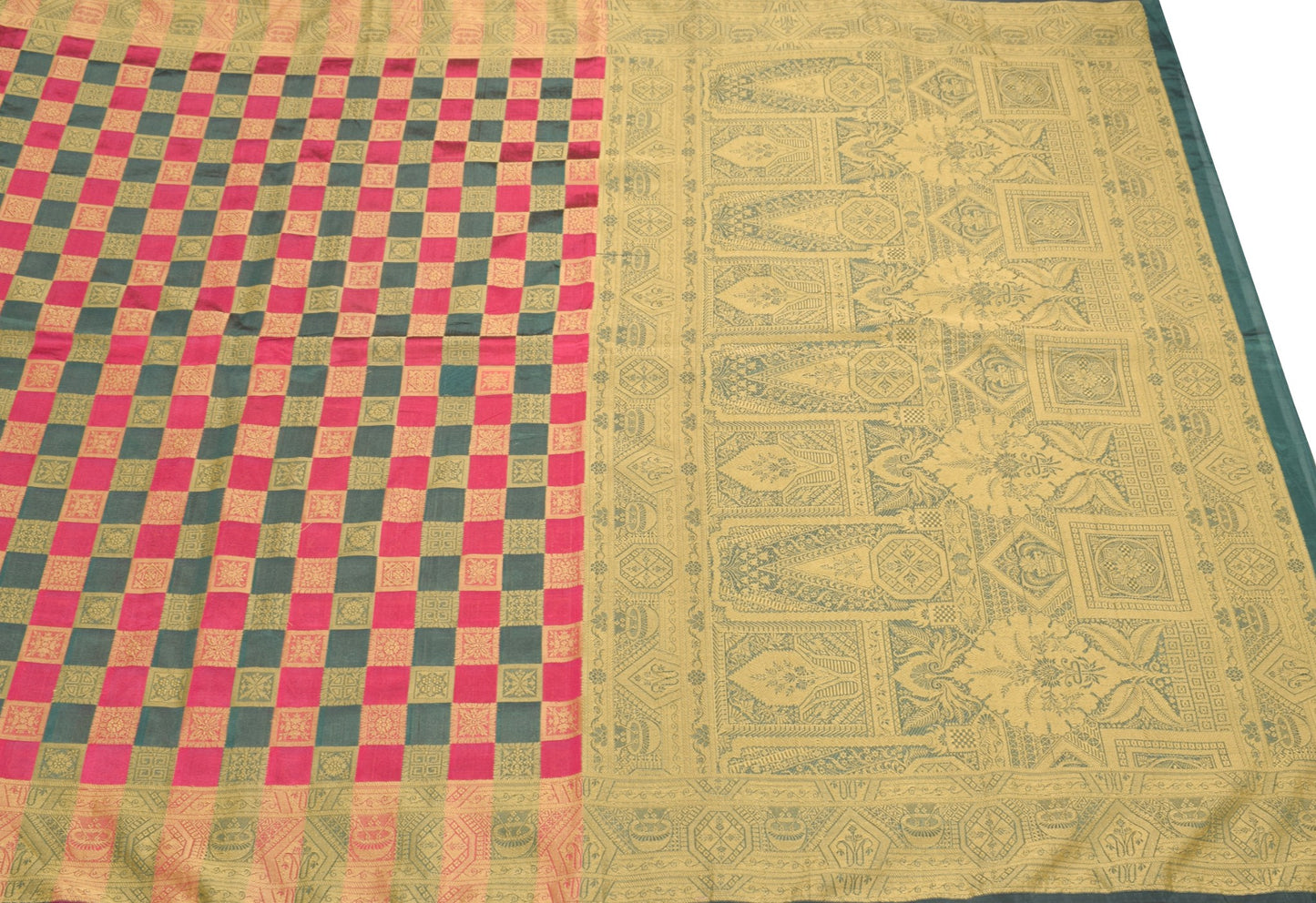 Sushila Vintage Green Magenta Checks Saree Pure Silk Woven Sari Banarsi Fabric