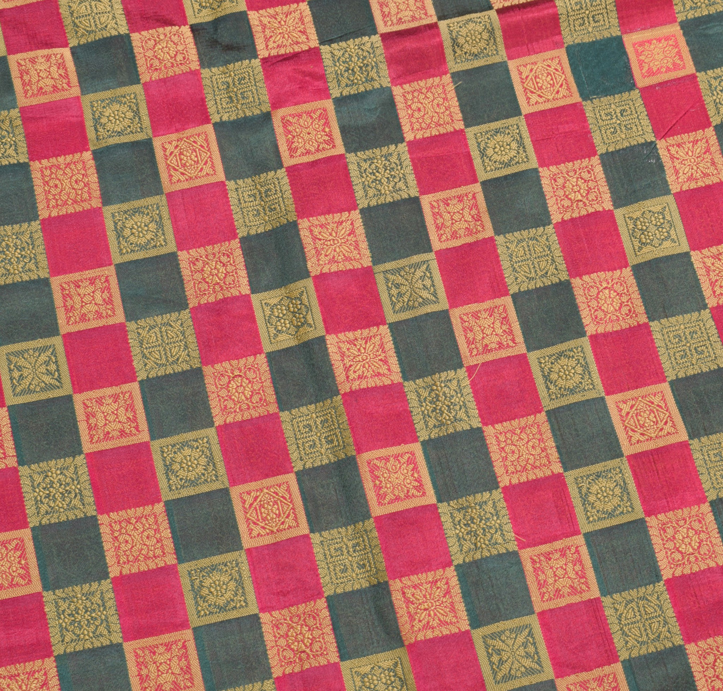 Sushila Vintage Green Magenta Checks Saree Pure Silk Woven Sari Banarsi Fabric