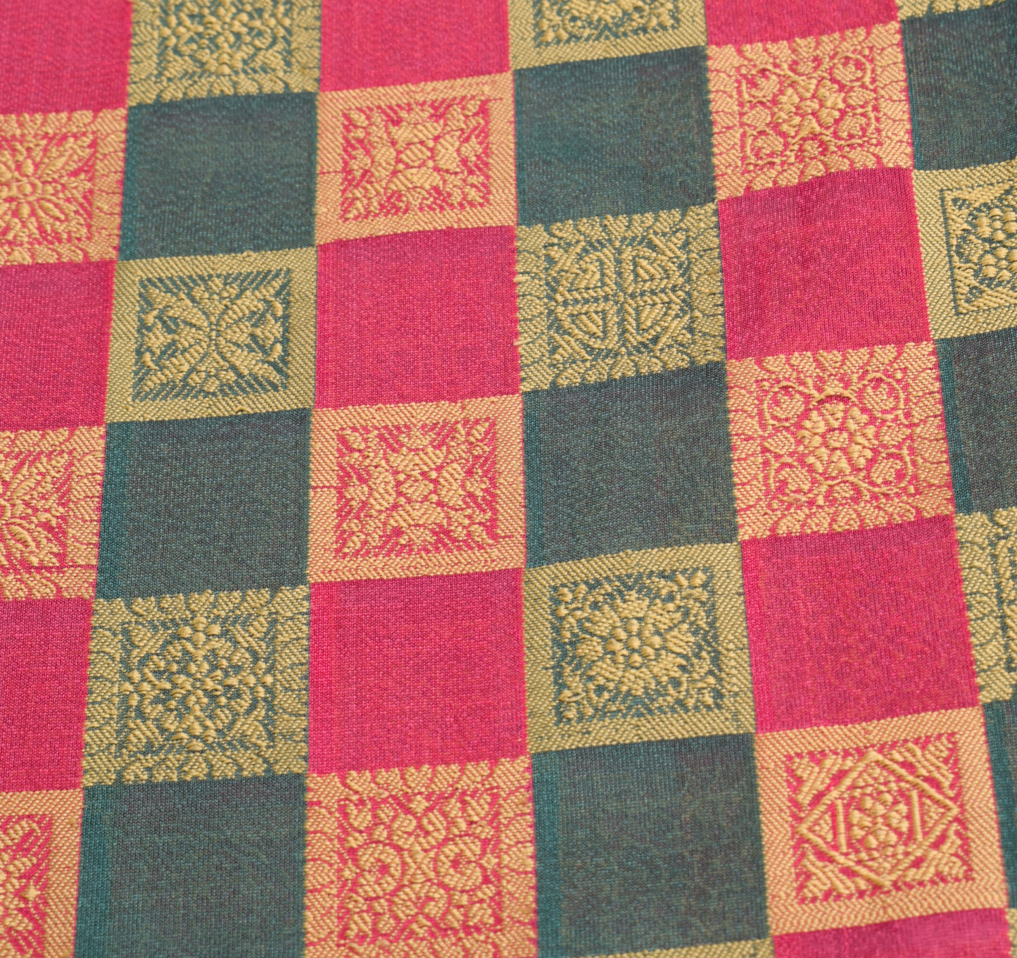 Sushila Vintage Green Magenta Checks Saree Pure Silk Woven Sari Banarsi Fabric