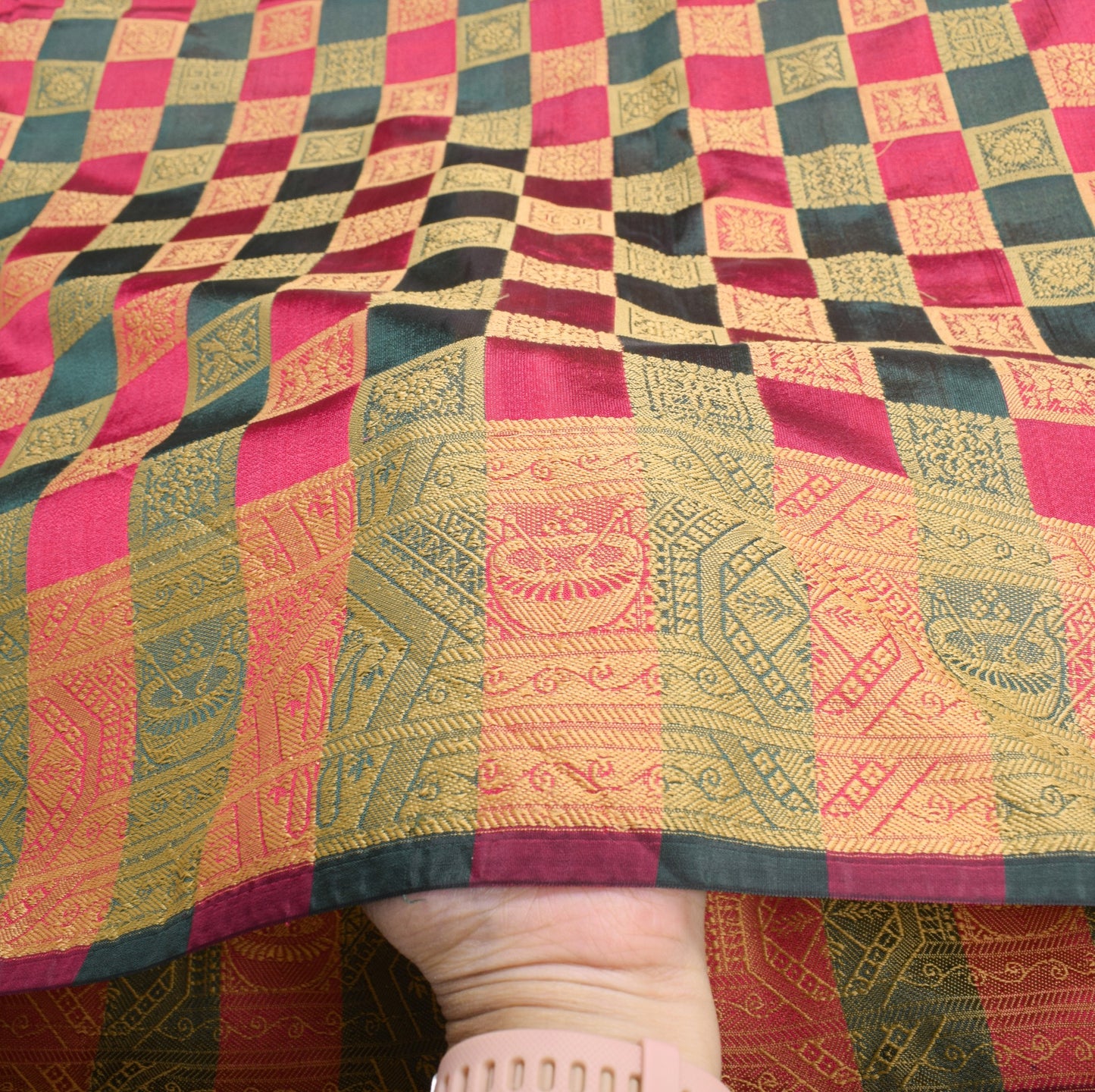 Sushila Vintage Green Magenta Checks Saree Pure Silk Woven Sari Banarsi Fabric