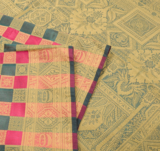 Sushila Vintage Green Magenta Checks Saree Pure Silk Woven Sari Banarsi Fabric