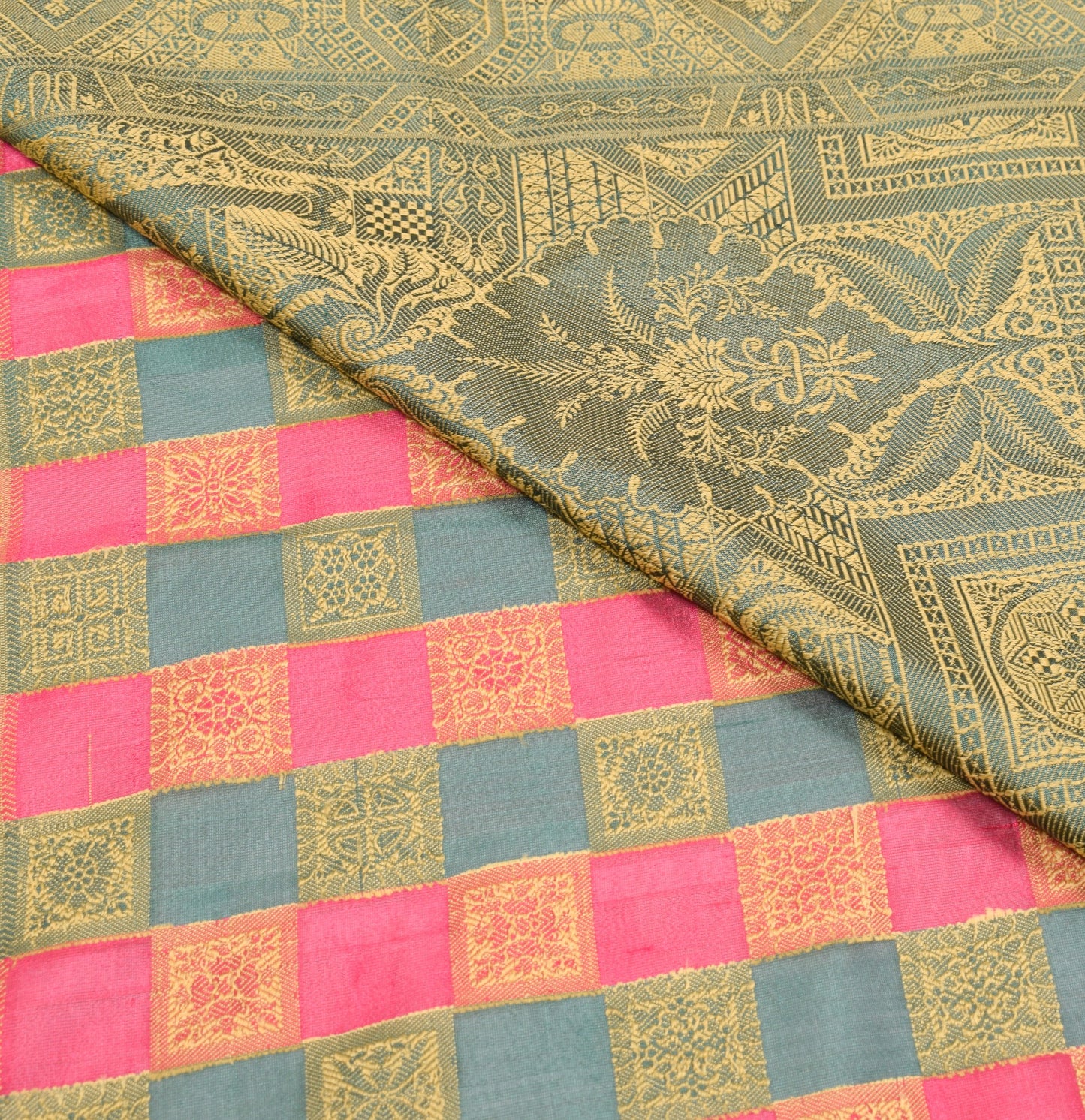 Sushila Vintage Green Magenta Checks Saree Pure Silk Woven Sari Banarsi Fabric