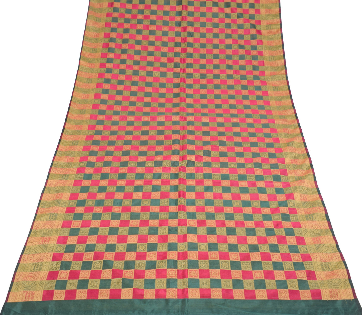 Sushila Vintage Green Magenta Checks Saree Pure Silk Woven Sari Banarsi Fabric