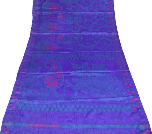 Sushila Vintage Purple Blue Saree Pure Tussar Silk Woven Paisley 5YD Sari Fabric
