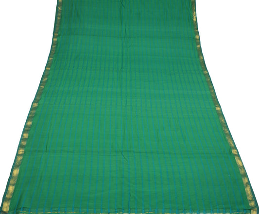 Sushila Vintage Green Saree Pure Cotton Silk Stripes Woven 6 Yard Sari Fabric
