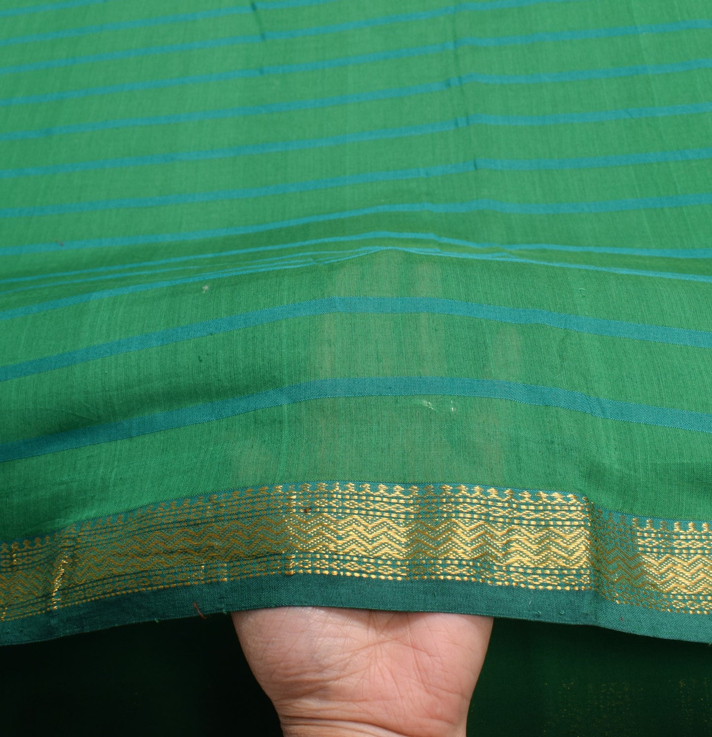 Sushila Vintage Green Saree Pure Cotton Silk Stripes Woven 6 Yard Sari Fabric
