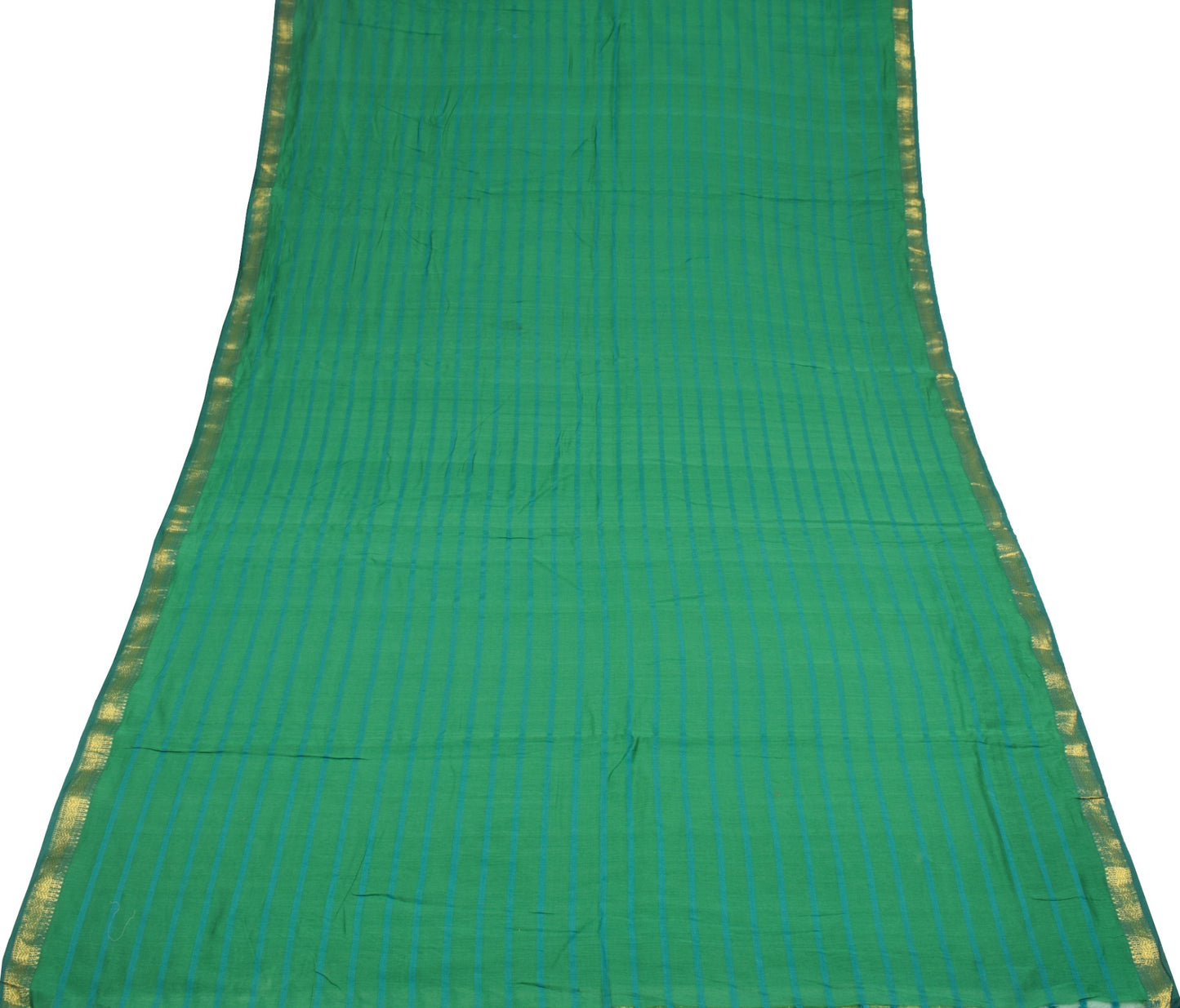 Sushila Vintage Green Saree Pure Cotton Silk Stripes Woven 6 Yard Sari Fabric