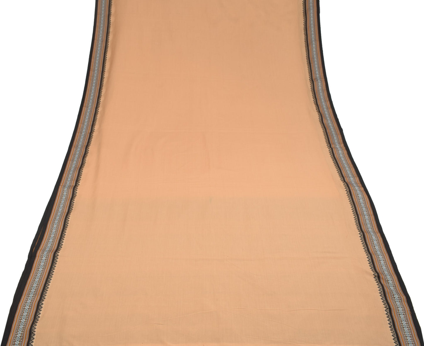 Sushila Vintage Art Cotton Brown Saree Hand Woven Black Border Pallu Sari Fabric