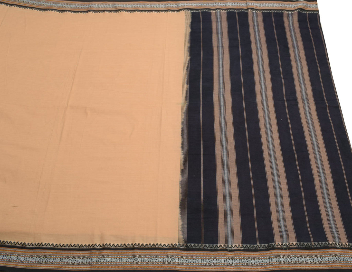 Sushila Vintage Art Cotton Brown Saree Hand Woven Black Border Pallu Sari Fabric