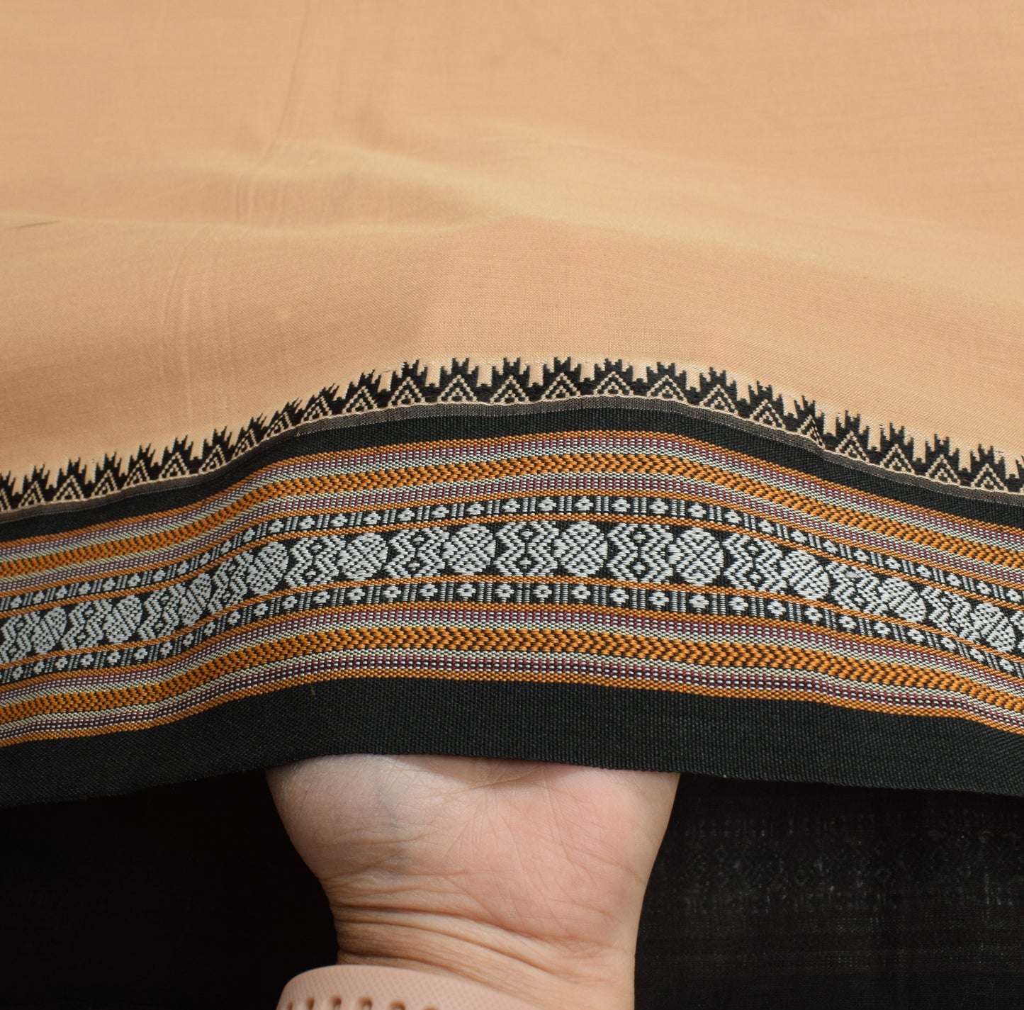 Sushila Vintage Art Cotton Brown Saree Hand Woven Black Border Pallu Sari Fabric
